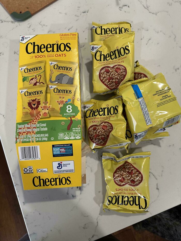 Box and individual pouches of Cheerios on a counter highlighting funny quirks.