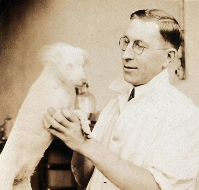 Vintage photo of a doctor with a dog, highlighting medical history