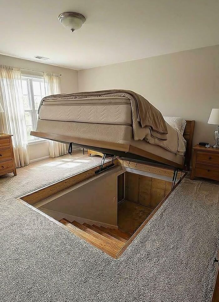 A bed lifting up to reveal secret stairs, a testament to houses with unique vision.
