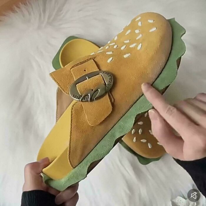 Suede clogs designed to look like hamburger buns with lettuce trim, among unique well-made creations.