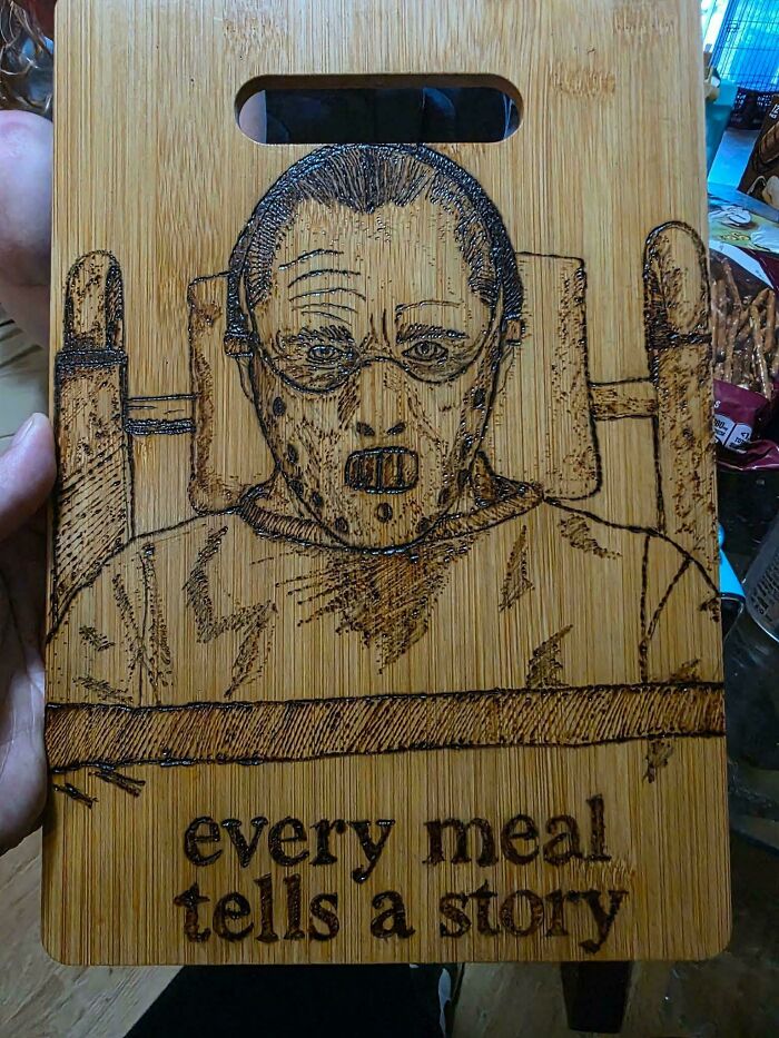Awful creations include a Hannibal Lecter wood burning on a cutting board.