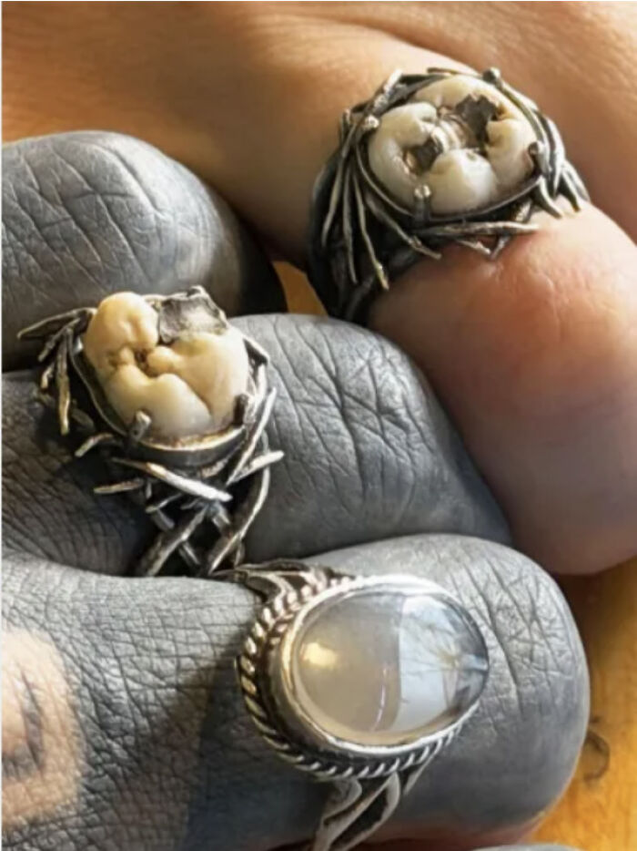 Silver rings set with human teeth as awful creations.