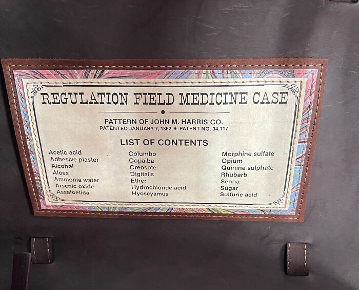 Antique field medicine case contents label showing how much medicine has changed in history