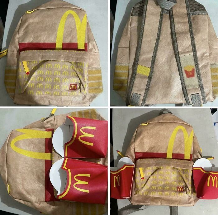 Four angles of a fast food themed backpack, showcasing creations awful to look at but well-made.