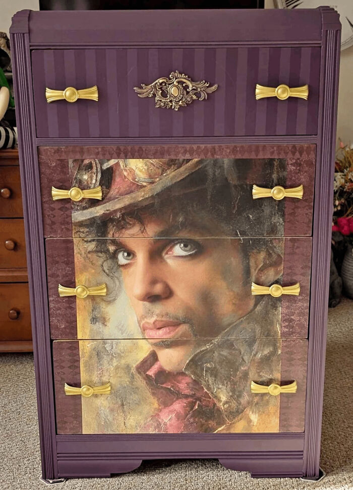 Awful creations featuring a purple dresser customized with a painted portrait of Prince and gold handles