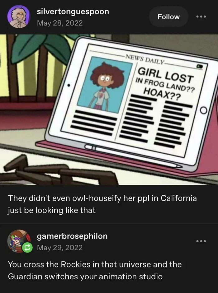 Screenshot of funny and random posts from Tumblr featuring a news headline about Amphibia.