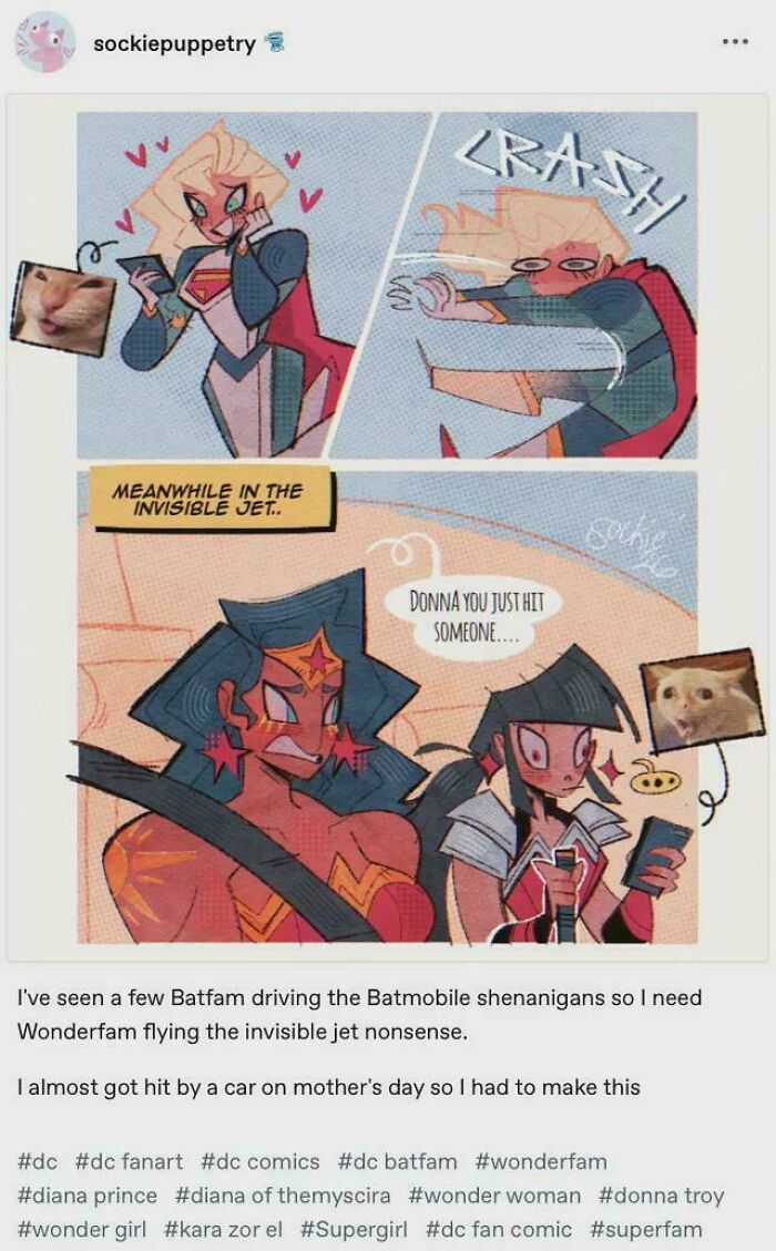 Funny and random post from Tumblr showing a comic of DC superheroes driving an invisible jet.