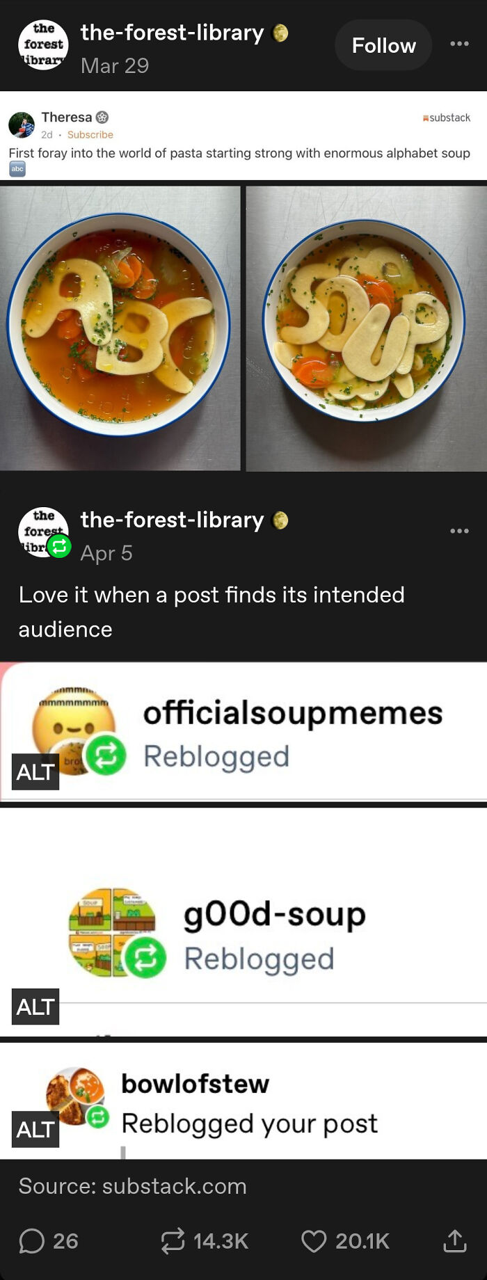 Funny and random Tumblr post showing alphabet soup pasta reblogged by soup blogs