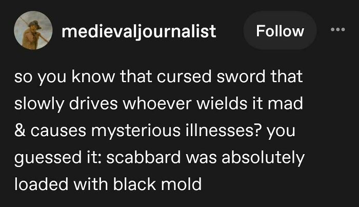 Funny and random posts from Tumblr featuring a joke about a cursed sword and black mold.