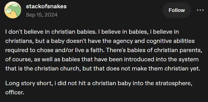 Funny and random posts from Tumblr featuring text about christian babies.