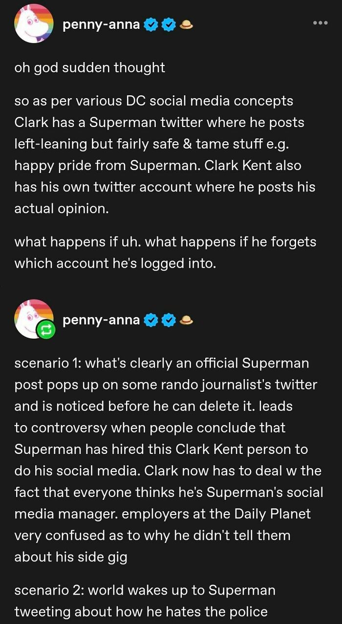 Tumblr posts about Clark Kent accidentally mixing up his personal and Superman social media accounts.