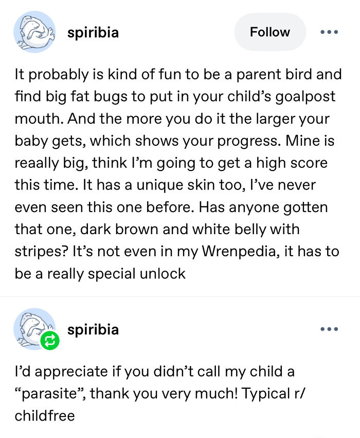 Random post from Tumblr framing brood parasitism in birds like a video game experience