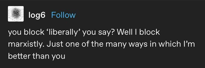 Funny random post from Tumblr featuring a witty joke about blocking user accounts.