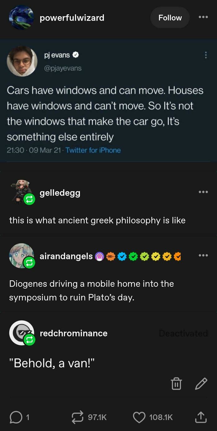 Funny and random posts from Tumblr thread joking about car windows and ancient Greek philosophy.