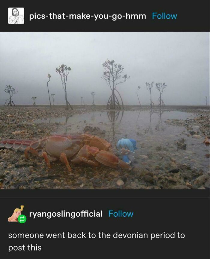 Crab and small figure standing on a muddy beach in a funny post from Tumblr.