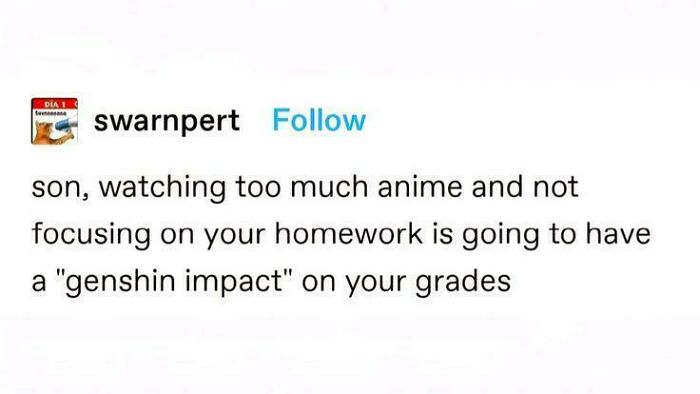 Funny and random Tumblr post making a pun using the video game title Genshin Impact.