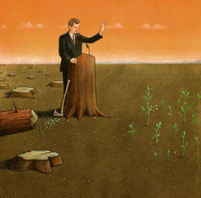 A man speaking at a podium made from a tree stump in a deforested area, a satirical illustration of modern society.