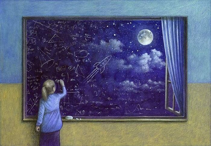 A girl at a chalkboard drawing a starry night sky with a rocket ship, a satirical illustration of modern society.