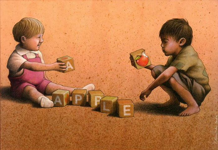 Two boys play with blocks spelling APPLE, one with a real apple, a satirical illustration of modern society.