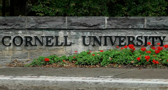 A stone sign at the entrance of Cornell University, home campus of the Cornell 7 group chat members A stone sign at the entrance of Cornell University, home campus of the Cornell 7 group chat members