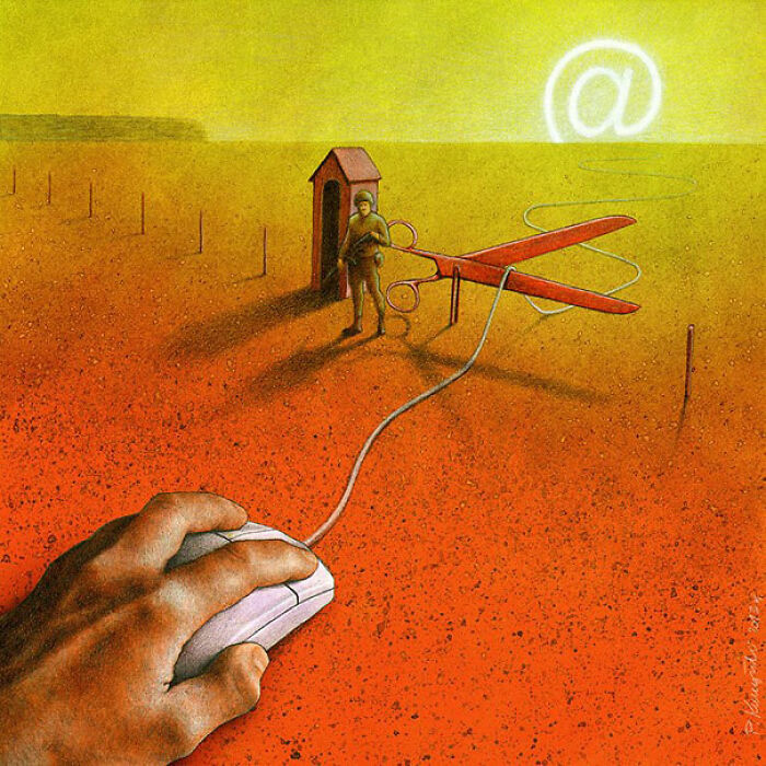 A hand uses a mouse connected by scissors and wire to an at symbol, a satirical illustration on modern society.