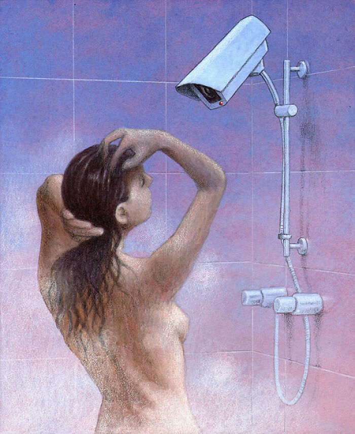 A woman showers under a surveillance camera, a satirical illustration showing issues with modern society.