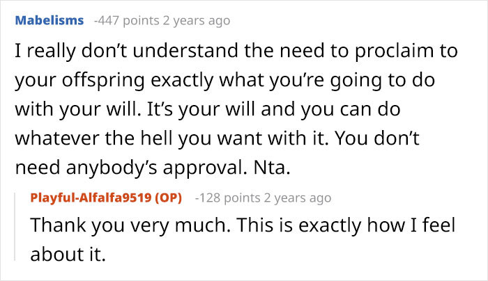 A reply agreeing with the mom's decision regarding her son's inheritance and will. A reply agreeing with the mom's decision regarding her son's inheritance and will.