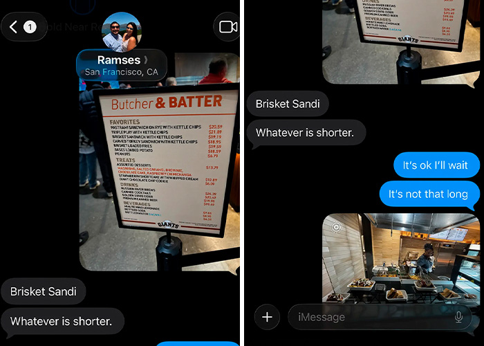 Text conversation about choosing brisket sandwich from Giants stadium menu