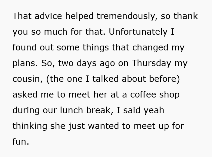 Text describing a coffee shop meeting with cousin impacting wedding plans Text describing a coffee shop meeting with cousin impacting wedding plans