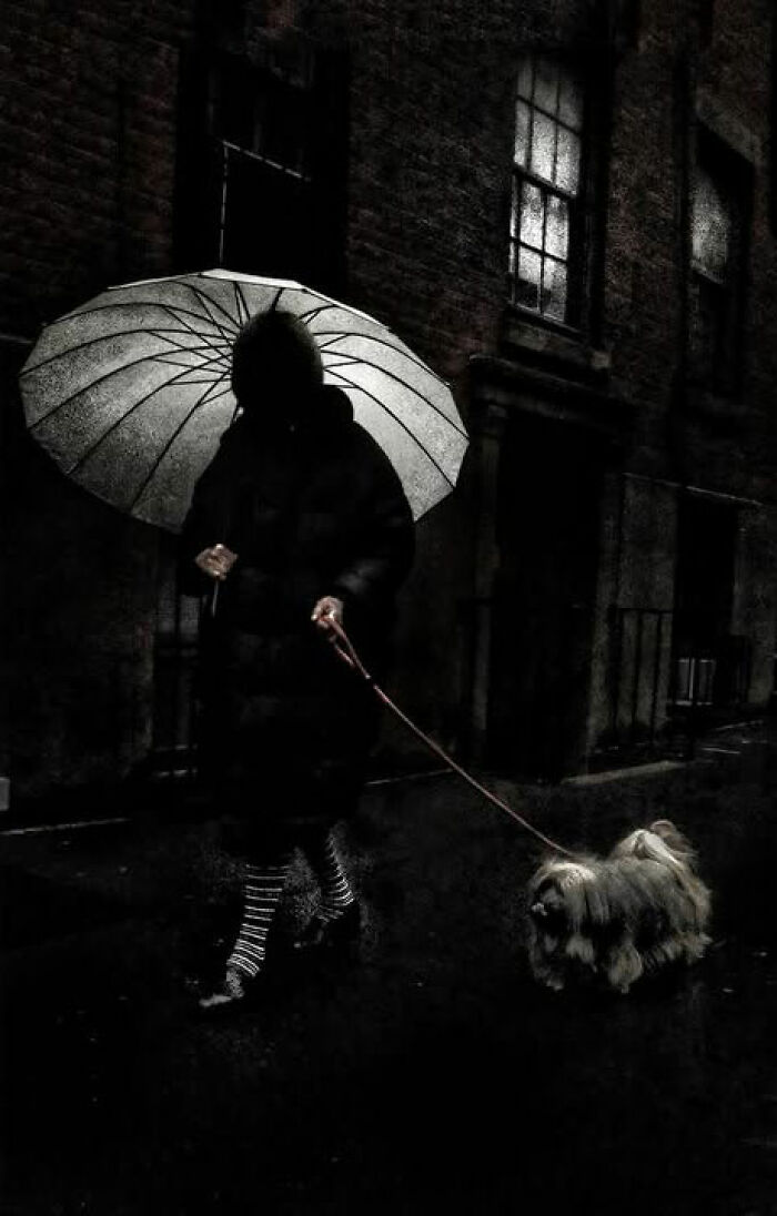 Taylor Coble street photo of a person holding an umbrella, walking a small dog on a leash at night, turning a fleeting moment into a visual story.
