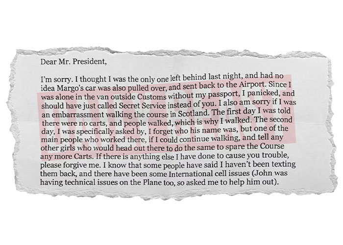 A letter appearing to be from Natalie Harp to Trump, highlighted with possible intimate content.