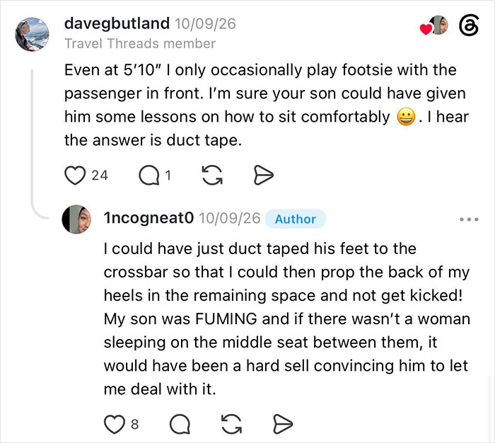 A screenshot of a comment suggesting duct taping the entitled man's feet after kicking a woman under her seat.