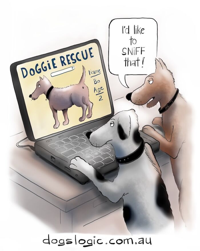 Clever dog logic comic showing dogs browsing a pet rescue website on a computer.