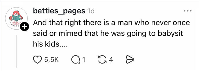 Comment highlighting a man never offering to babysit kids