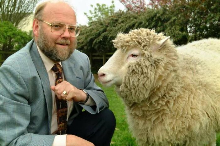 A color photograph of Ian Wilmut next to Dolly the cloned sheep, capturing historical animals of the past.