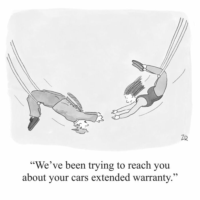 Absurd comics depicting two people on trapezes, one reaching out with an extended car warranty line.