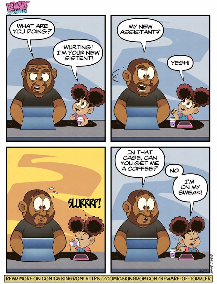 A comic strip showing a toddler interrupting her dad who is working on a laptop, depicting the chaos of parenting.