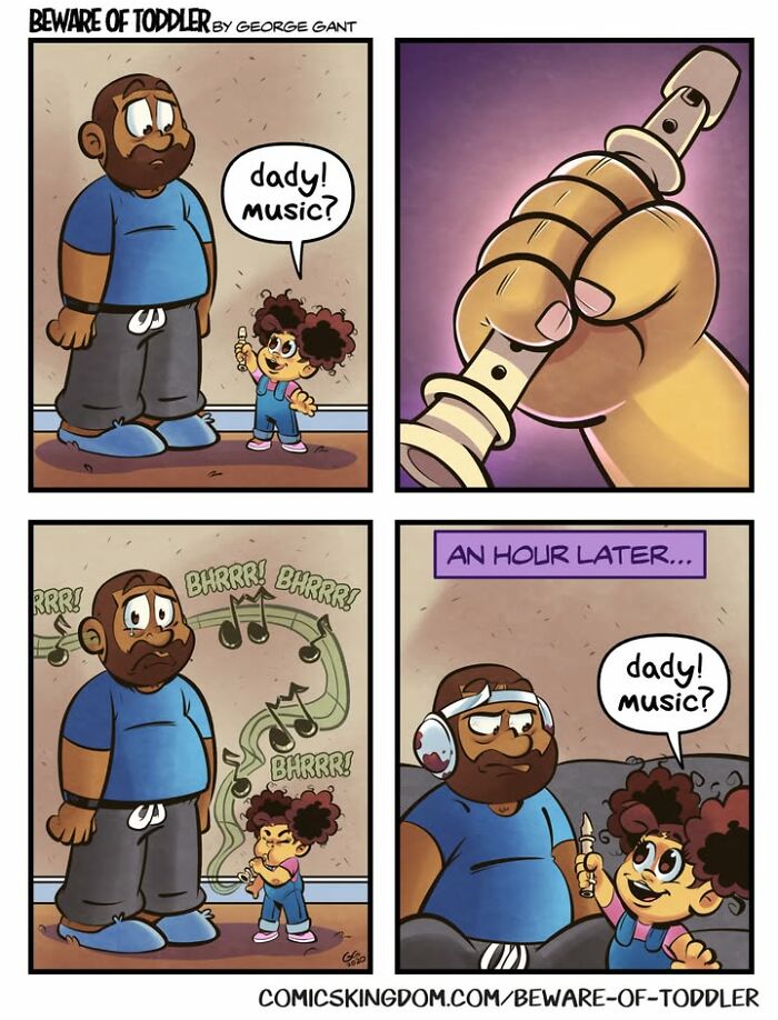 A four-panel comic illustrating a toddler asking her dad to play music, highlighting the chaos of parenting.