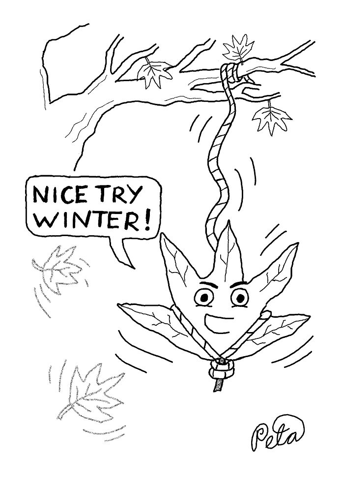 Comic with leaf swinging saying nice try winter