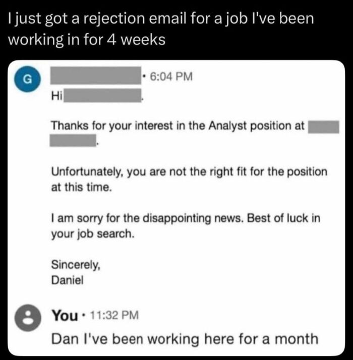 A meme showing a job rejection email after working for a month, highlighting a relatable hilarious meme moment.