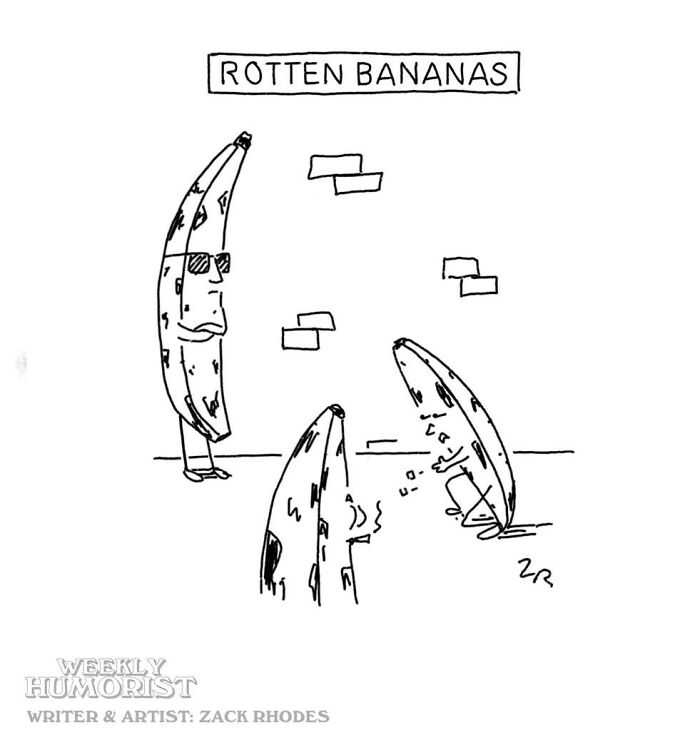 Absurd comics showing rotten bananas interacting, one wearing sunglasses like a cool character.