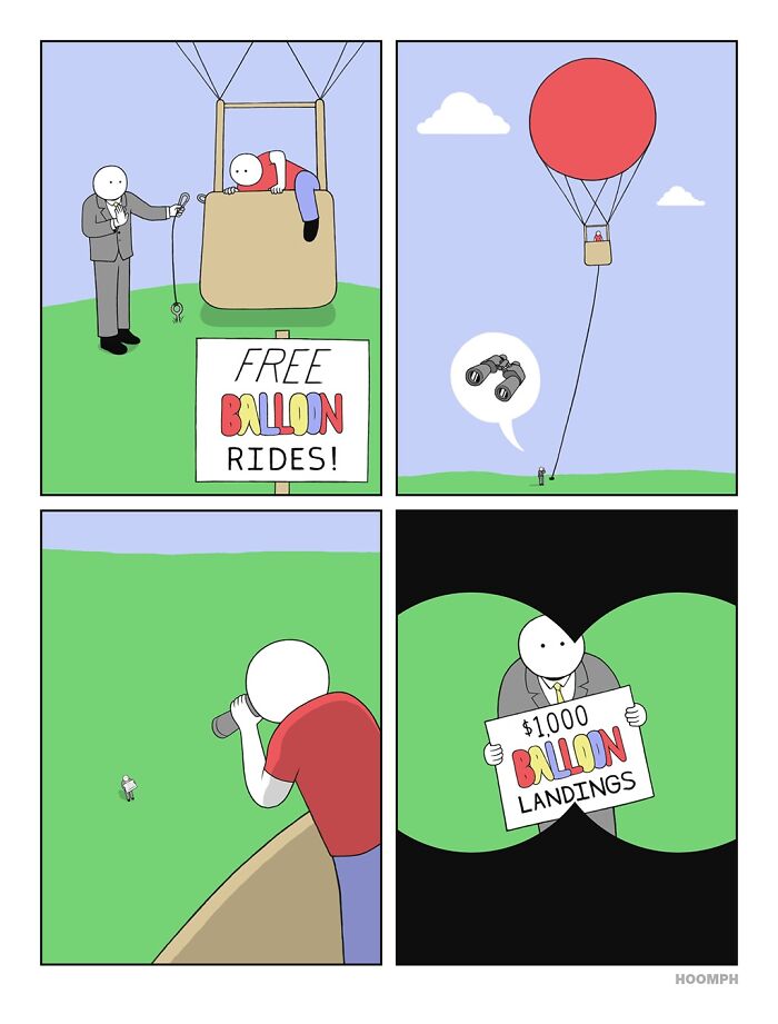 A comic by Bips McCallister showing a free balloon ride with a hidden cost for landing, highlighting hilarious comics.