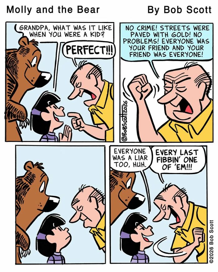 A comic of a family living with a lovable bear, listening to Grandpa describe a perfect childhood that quickly sours.
