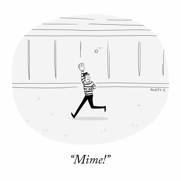 One-panel comics of a mime running and catching a baseball