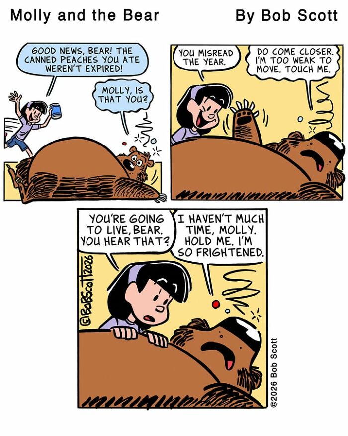 A comic of a family living with a lovable bear, who is afraid of expired peaches, fearing for his life.