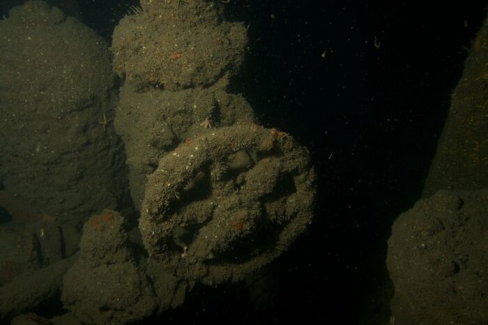 An old, encrusted ship valve covered in marine growth, salvaged from the bottom of the ocean.