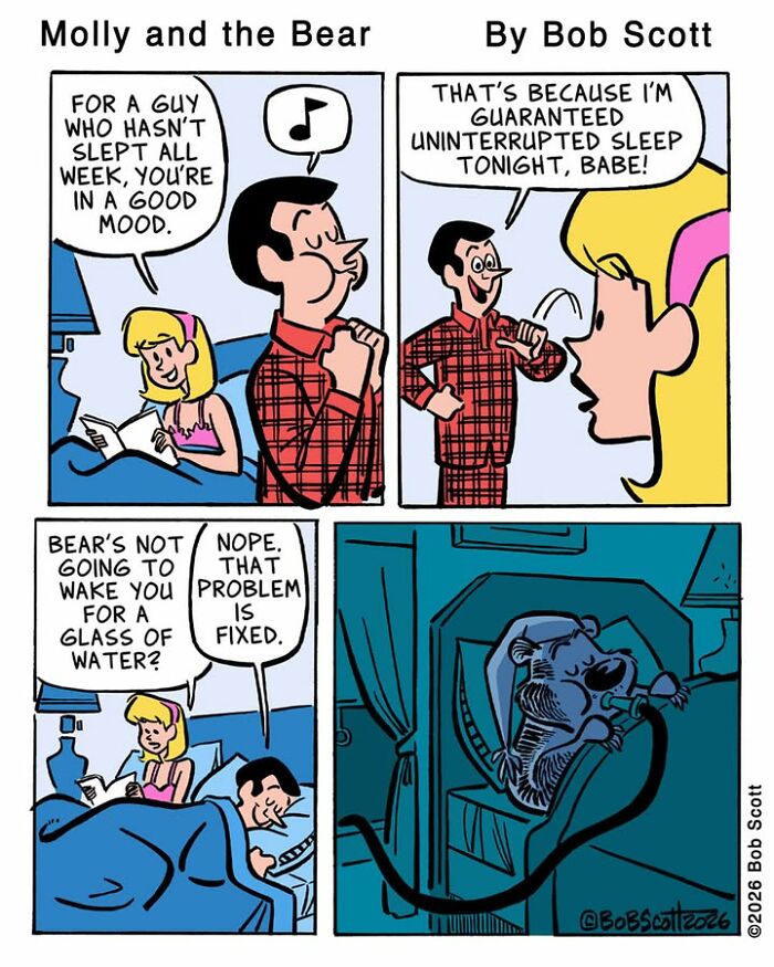 A comic showing a family living with a lovable bear, afraid of almost everything, attached to a device for uninterrupted sleep.