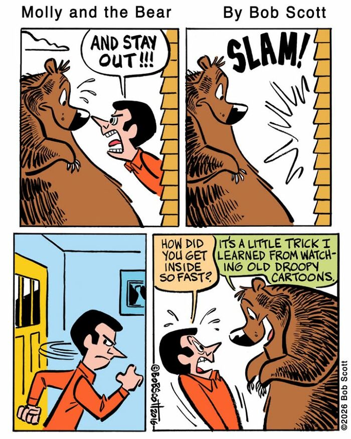 A comic showing a family living with a lovable bear who is afraid of almost everything, getting locked out but reappearing inside.