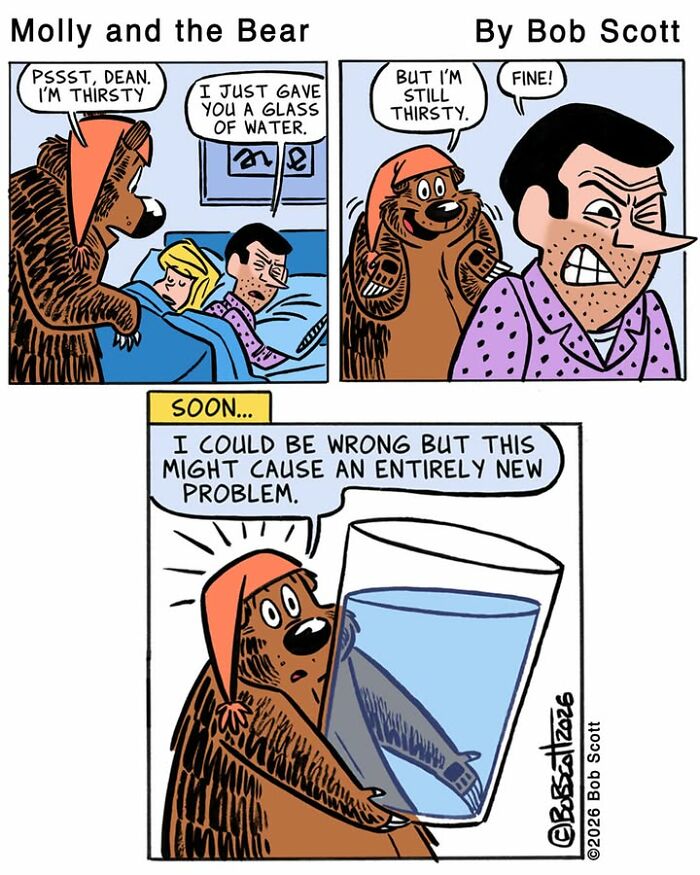 A comic showing a family living with a lovable bear, afraid of almost everything, trying to get a drink of water at night.