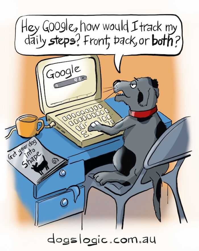 Hilarious dog logic comic showing a pet dog trying to search Google on a laptop.